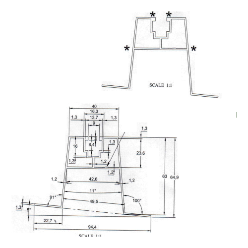 Ponte trapezoidal inclinada com vedante EPDM H63 L330 – adaptador de telhado PV em alumínio 001-776 (2)