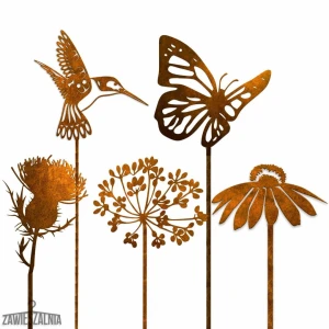 Zawieszalnia – joias de jardim conjunto enferrujado 5 ornamentos XXL em aço corten 101 cm
