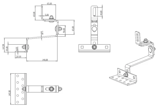 Gancho de tejadilho Vario 145 mm (4-5-5-5) com regulação tripla Aço inoxidável H17/1.4016 PV-08-35 (1)