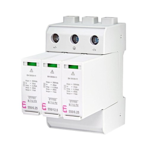 Para-raios PV DC Tipo 1+2 (B+C) 1100V 3P 20kA 3.8kV ETITEC M 1100/12.5 Y 002440511 ETI GPV-401-38