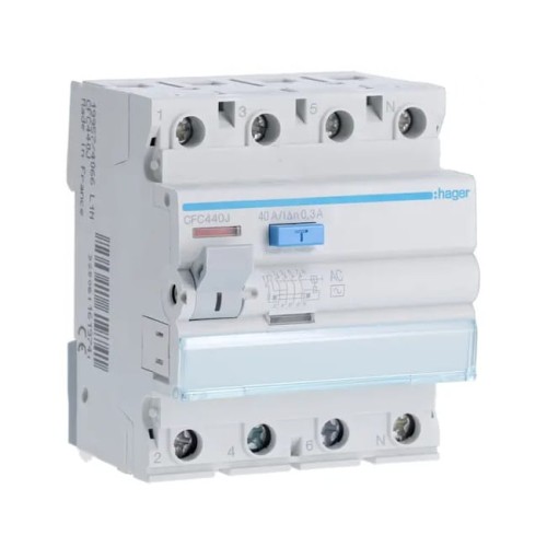 Disjuntor de corrente residual 3P+N 40A 300mA AC tipo CFC440J HAGER GPV-401-43