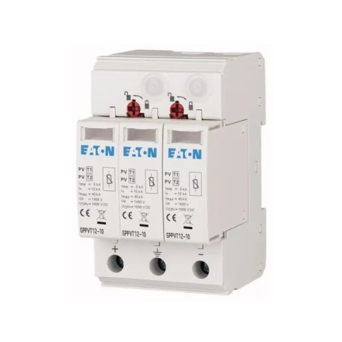 Protetor contra surtos PV DC tipo 1+2 (B+C) 1000V 2P+N 15kA 3.7kV SPPVT12-10-2+PE 177256 EATON GPV-401-44