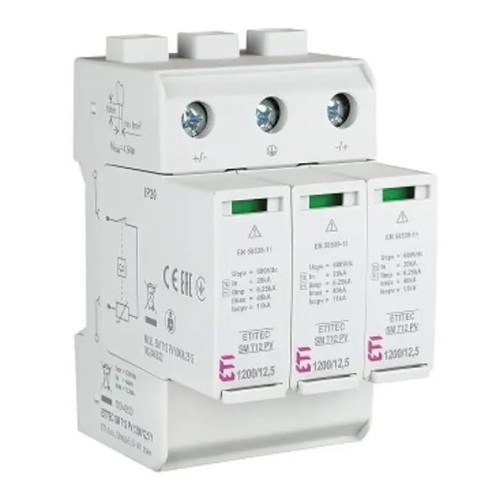 Para-raios PV DC Tipo 1+2 (B+C) 1200V 3P 12.5kA 4.4kV ETITEC SM T12 PV 1200/12.5 Y 002440630 ETI GPV-401-50