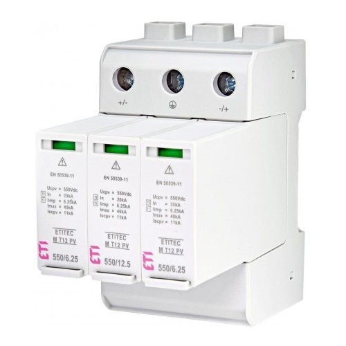 Para-raios PV DC tipo 1+2 (B+C) 1100V 3P 65kA 3.8kV ETITEC EM T12 PV 1100/6.25 Y 002440580 ETI GPV-401-64