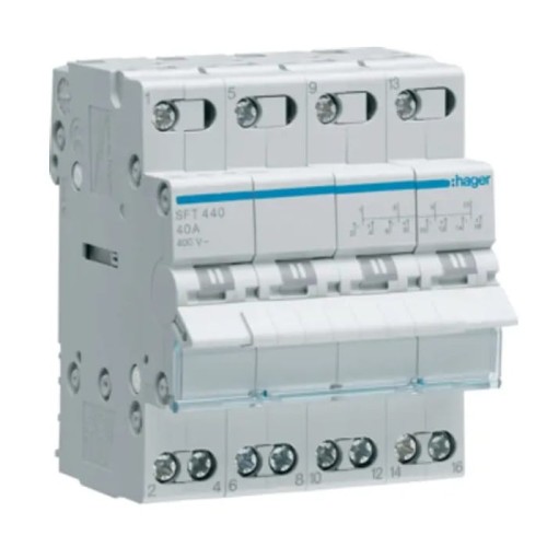Interruptor de instalação modular I-0-II (1-0-2) ponto comum a partir de cima 4P 40A 400VAC SFT440 HAGER GPV-401-68