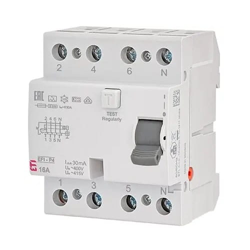 Disjuntor de corrente residual 4P 40A 30mA tipo AC EFI6-P4 AC 40/0.03 002061652 ETI GPV-401-73