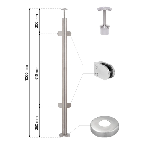 Poste de balaustrada angular para vidro ø 42,4x1060/1102,4mm 4 fixações polido 000-559 (2)