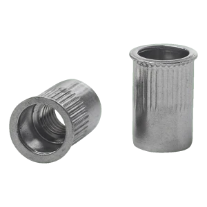 Rebite de rosca passante M8 A2 – flange cónico reduzido, moleteado, AISI 304